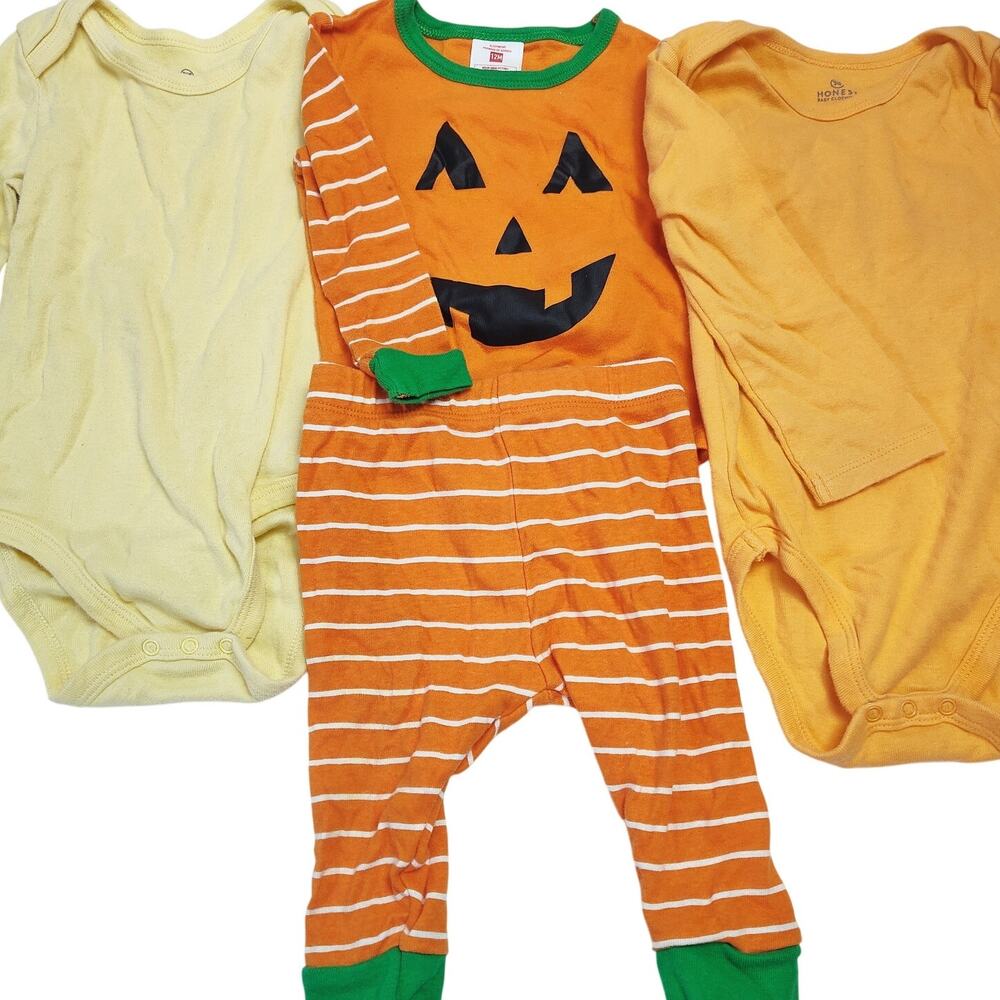Baby 12M Halloween Pumpkin Pajamas Honest Bodysuit Lot 3Pc Fall